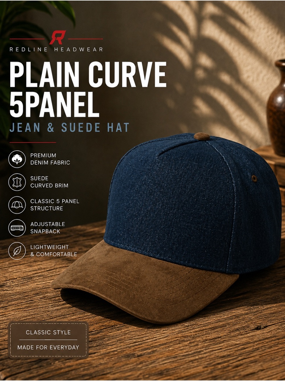 Men's Plain Curve 5-Panel Jean & Suede Cap - Navy & Brown